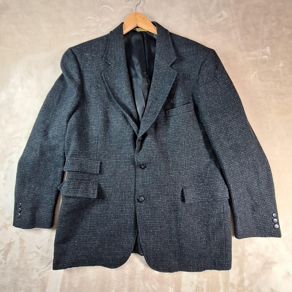 Strathmore Sport Coat Mens 46L Charcoal Wool Herringbone 3 Button Tweed USA